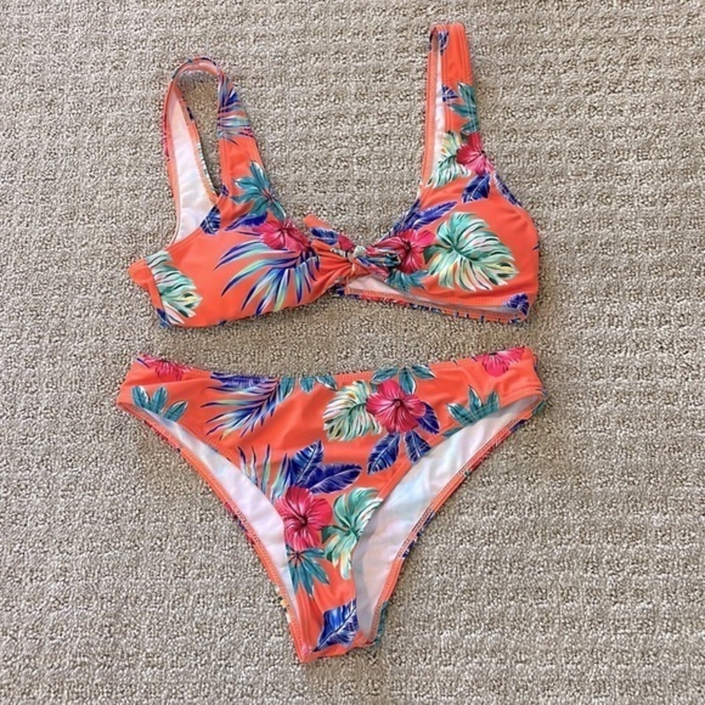 SHEIN Orange Tropical Print Cheeky Bikini